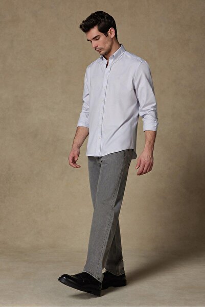 Abbate Matteo Royal Oxford Pamuklu Comfort Fit Açık Gri Düğmeli Yaka Erkek Düz Gömlek