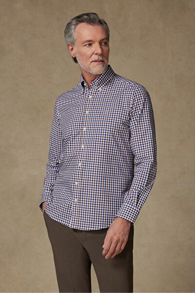 Abbate Dante Poplin Cotton Comfort Fit Brown Button-Down Collar Men's Checkered Shirt