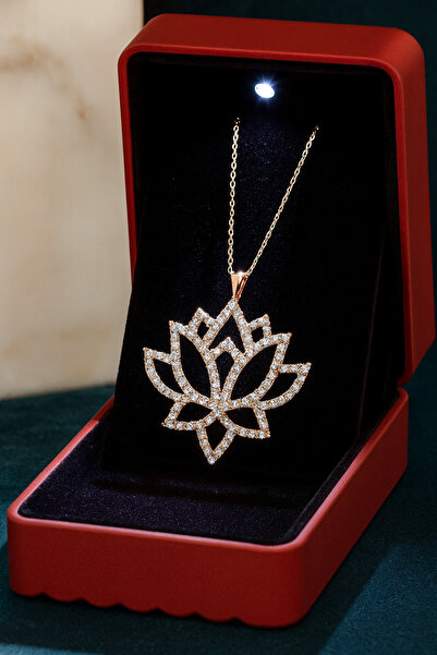 KAR DİAMOND 14 Ayar Altın Zincirli Rose Kaplama Zirkon Lotus Çiçeği Kolye - S...