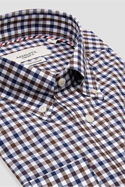 Abbate Dante Poplin Cotton Comfort Fit Brown Button-Down Collar Men's Checkered Shirt