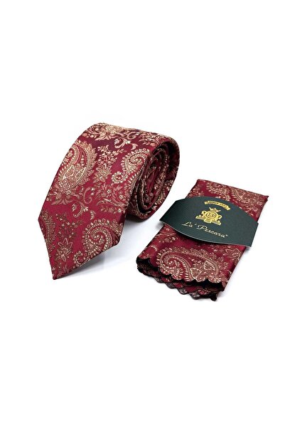 Kravatkolik Bordo Şal Desen Mendilli Klasik Kravat KK13119