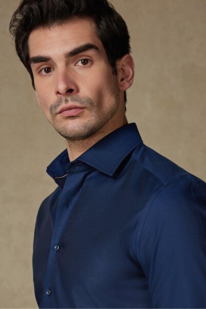 Abbate Fabio Негладима памучна риза с класически яка в тъмносин цвят и удобна кройка