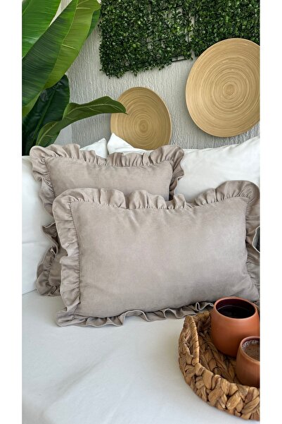 Decamor home غطاء وسادة مزين بكشكشة بلون المنك العتيق قطعة واحدة