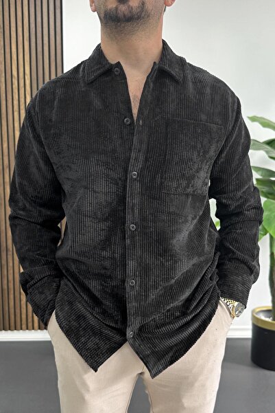 Edwox Ανδρικό πουκάμισο από βελούδινο ύφασμα μαύρο Edw415