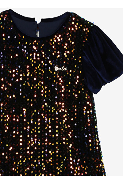 Barbie Payetli Lacivert Kız Çocuk Kısa Elbise BRB3WG-ELB2
