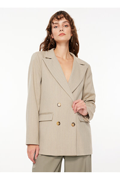 FABRIKA COMFORT Comfort Bej Kadın Kruvaze Kalıp Çizgili Blazer FC3WL-CKT22