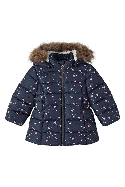 name ıt Lacivert Kız Bebek Kapüşonlu Normal Bel Kürklü Mont NMFMERETHE JACKET AOP1