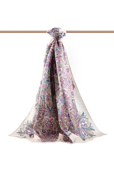 Vissona 100% Silk Etro Pattern Μπεζ - Μωβ Χρώμα 92x210 Σάλι