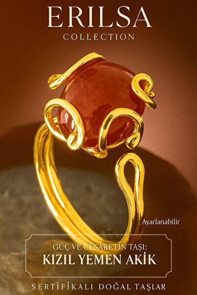 Tesbih Atölyesi Red Yemen Rococo Agate Stone Ring - Certified and Adjustable