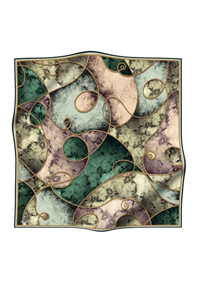 Vissona 100% Twill Silk Chain Marble Pattern Emerald Green - Khaki Color 90X90 Scarf Planting Shape: Hand Stitching