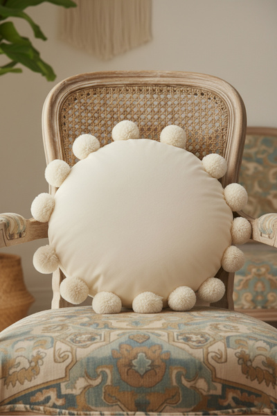Markaev Beige Pompom Round Throw Pillow Cover