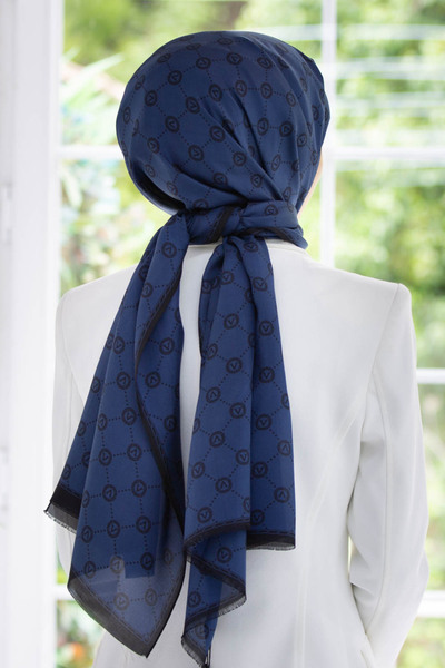 Vissona 100% Silk V Logo Pattern Navy Blue - Μαύρο Χρώμα 90x210 Σάλι