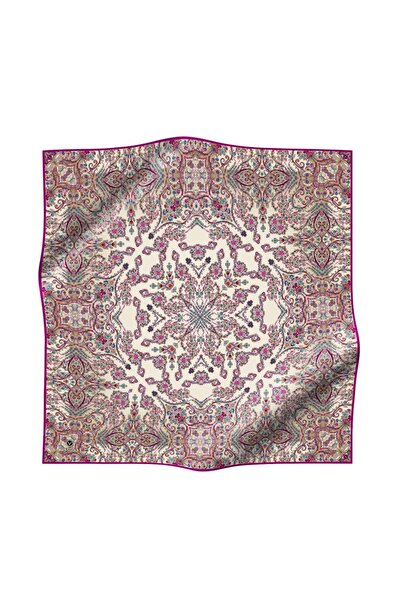 Vissona %100 Twill İpek Şal Desenli Krem - Mürdüm Renkli 90x90 Eşarp Dikim Şe...