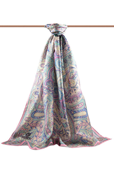 Vissona 100% Silk Etro Patterned Powder - Beige Colored 92X210 Shawl