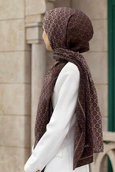 Vissona LÜKS MEDİNE İPEĞİ MONOGRAM DESENLİ VİZON RENKLİ 75X195 KIRIŞMAZ ŞAL MOSS KREP DİKİŞ TİPİ İTALYAN DİK