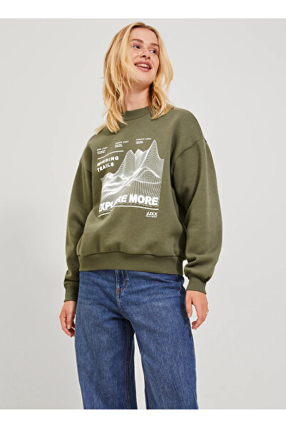 JJXX Bisiklet Yaka Baskılı Koyu Yeşil Kadın Sweatshırt JXELLA LOOSE CREW LS SWT