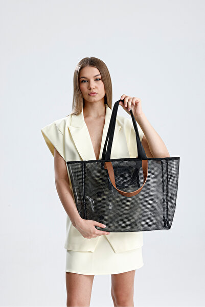 HEYBE'S Women's Black Mesh Transparent Large Size Beach And Shopping Shopper Tote Shoulder Bag