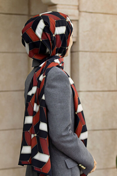 Vissona LÜKS MEDİNE İPEĞİ GEOMETRİK DESENLİ KIRMIZI RENKLİ 75X195 KIRIŞMAZ ŞAL MOSS KREP DİKİŞ TİPİ İTALYAN