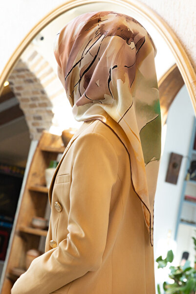 Vissona %100 Twill İpek Sulu Boya Çiçek Desenli Vizon Renkli 90x90 Eşarp Diki...