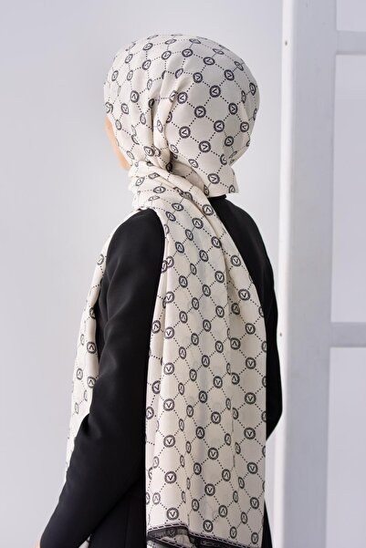 Vissona 100% silk v logo patterned cream - black colored 90x210 shawl