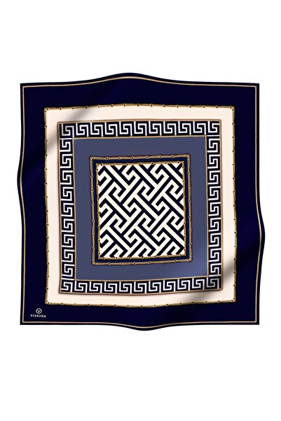 Vissona Синій індиговий колір, 100% шовк твіл - лабіринт і геометричний візерунок, 90x90 шарф: ручної роботи