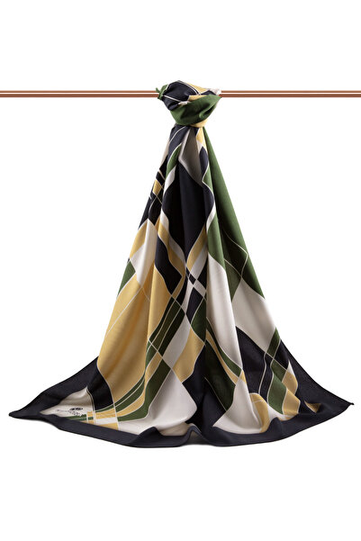 Vissona Luxurious Medina Silk Geometric Patterned Khaki Colored 75X195 Non-Crimp Shalm Moss Crepe Stitch Type Italian Stecker