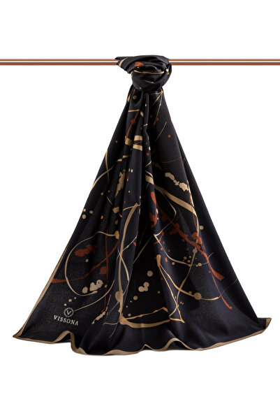 Vissona LÜKS MEDİNE İPEĞİ BOYA DAMLASI DESENLİ SİYAH - BEJ RENKLİ 75X195 KIRIŞMAZ ŞAL MOSS KREP DİKİŞ TİPİ İ