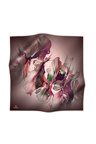 Vissona %100 Twill İpek Batik Çiçek Desenli Gül Kurusu - Pudra Renkli 90x90 Eşarp Dikim Şekli : El Dikişi