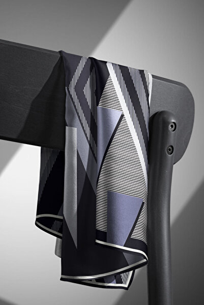 Vissona Geometric Pattern 90X90 Scarf Planting Shape - Gray Black Twill Silk Hand Sewing