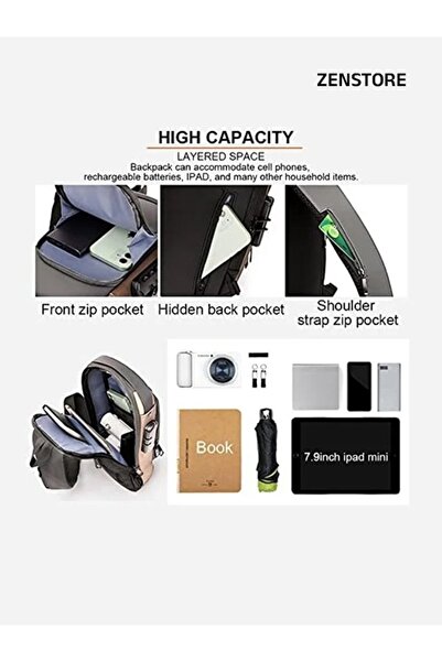 Zen Store 1pcsbrownWithGrey AntiTheftSlingBagwaterproofChest Daypack WithUsbChargingShoulderBackpack Chest Bag