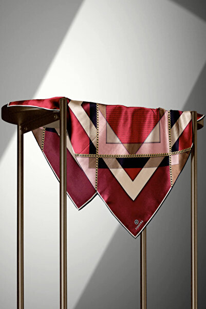 Vissona 100% Twill Silk Geometric Patterned Burgundy - Beige Colored 90X90 Scarf Sewing Shape: Hand Sewing