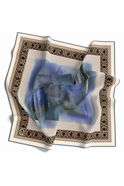 VİOLLA Twill Gold Bordürlü Batik Desenli İndigo Renkli 90x90 Eşarp (İpek İçer...