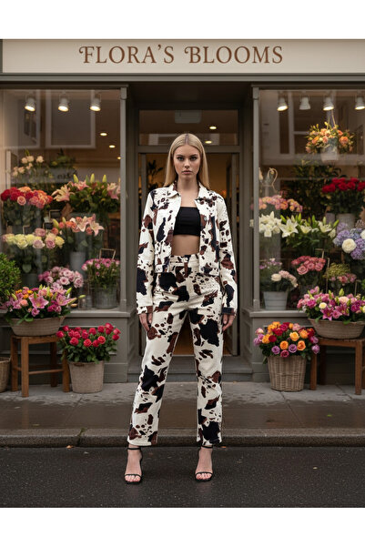 Auralis Studio İnek Desenli Zımba Detay Denim Pantolon Ekru