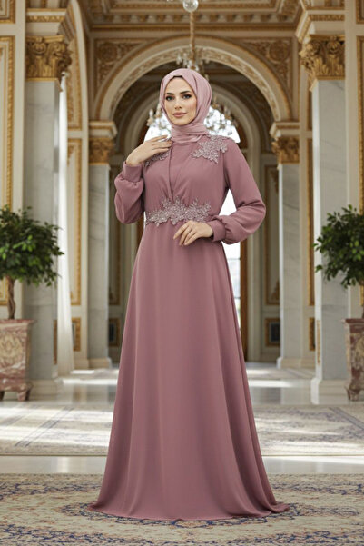 Neva Style Dusty Rose Hijab Evening Dress with Bead Detail 22113Gk