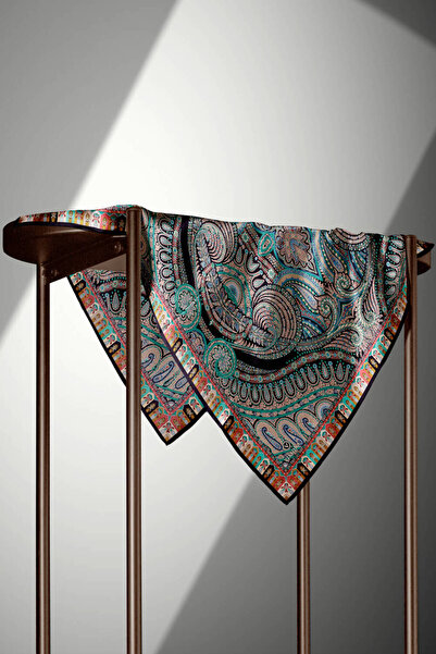 Vissona 100% Twill Silk Etro Pattern Μαύρο - Τιρκουάζ Χρώμα 90x90 Σχήμα ραψίματος κασκόλ: Ράψιμο στο χέρι