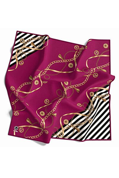 VİOLLA Twill Zincirli ve Çizgili Desenli Mürdüm Renkli 90x90 Eşarp (İpek İçer...
