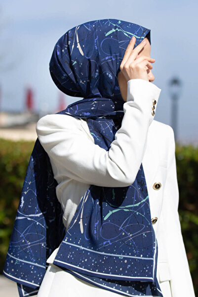 Vissona LÜKS MEDİNE İPEĞİ BOYA DAMLASI DESENLi LACİVERT RENKLİ 75X195 KIRIŞMAZ ŞAL MOSS KREP DİKİŞ TİPİ İTAL