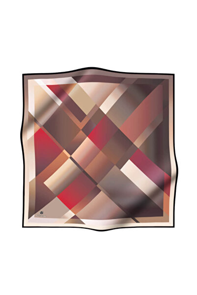Vissona %100 Twill İpek Geometrik Desenli Bej - Kırmızı Renkli 90x90 Eşarp Dikim Şekli : El Dikişi