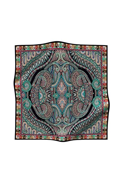 Vissona 100% Twill Silk Etro Pattern Μαύρο - Τιρκουάζ Χρώμα 90x90 Σχήμα ραψίματος κασκόλ: Ράψιμο στο χέρι