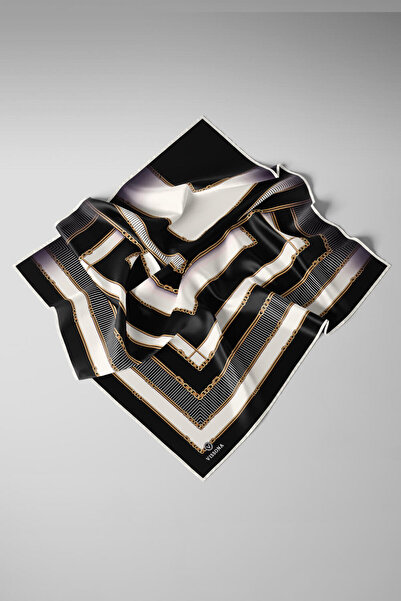 Vissona 100% Twill Silk Chain Λεπτομερές γεωμετρικό σχέδιο Μαύρο - Κρεμ χρώμα 90x90 Φουλάρι Σχήμα ραπτικής: El Di
