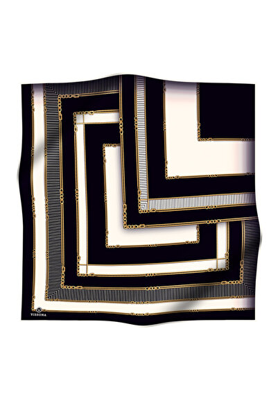 Vissona 100% Twill Silk Chain Λεπτομερές γεωμετρικό σχέδιο Μαύρο - Κρεμ χρώμα 90x90 Φουλάρι Σχήμα ραπτικής: El Di