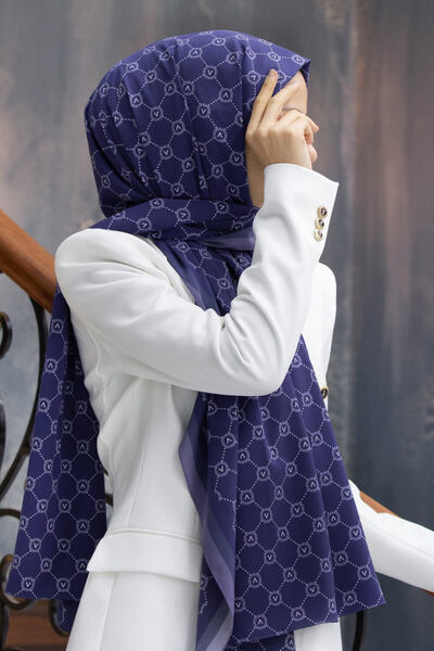 Vissona LÜKS MEDİNE İPEĞİ MONOGRAM DESENLİ LACİVERT - BUZ MAVİSİ RENKLİ 75X19...