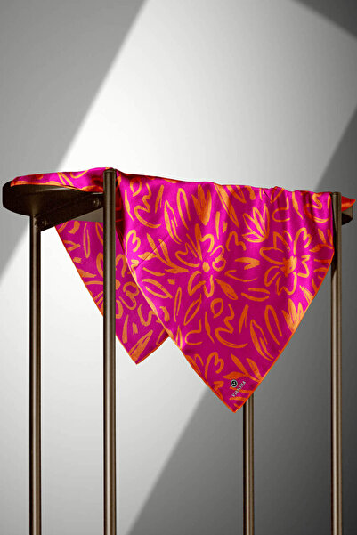 Vissona Φούξια Μεγάλο Μοτίβο Λουλουδιών 100% Μετάξι Τουβλί - Πορτοκαλί 90x90 Φουλάρι Σχήμα Ραπτικής: Ράψιμο στο χέρι