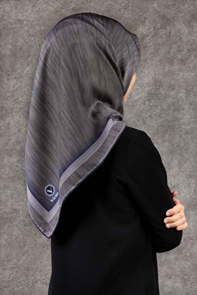 VİOLLA Twill Efektli Bordür Desenli Gri Renkli 90x90 Eşarp (İpek İçermez) Dik...