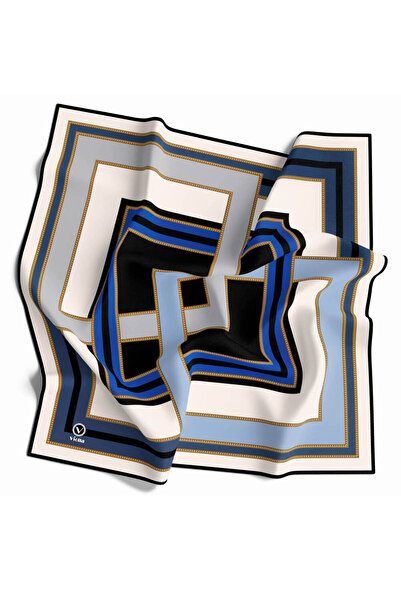 VİOLLA Twill Çerçeve Desenli İndigo Renkli 90x90 Eşarp (İpek İçermez) Kenar Dikiş Şekli El Dikişli