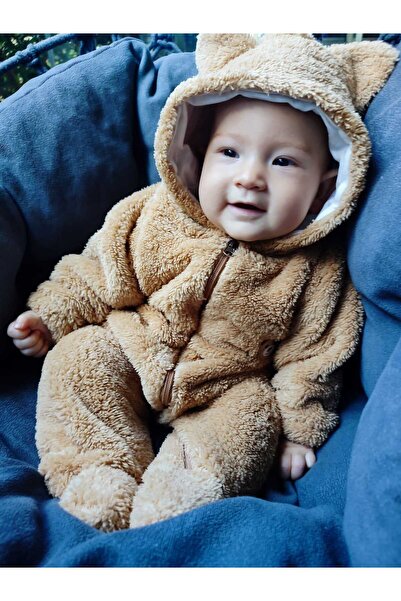 GAMZEAKKUŞ Plush Baby Romper with Lined Hat and Booties