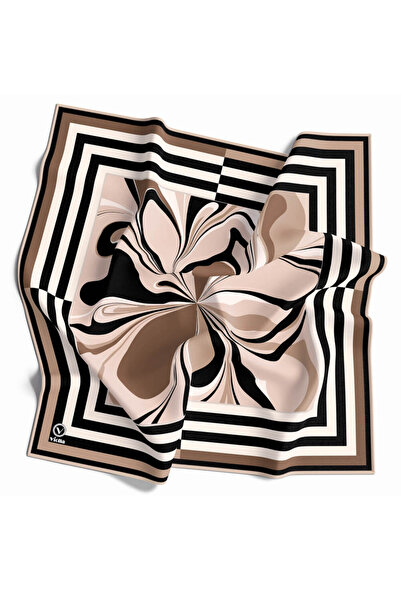 VİOLLA Twill Çizgili Bordürlü ve Ebru Çiçek Desenli Bej Renkli 90x90 Eşarp (İ...