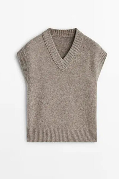 LOOSH Kadın Vizon V Yaka Fitilli Kenarlı Kolsuz Süveter