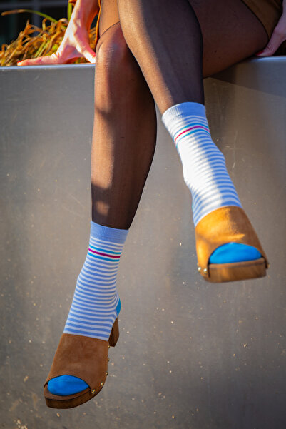 Bambuleyyo Çorap Bambu Kadın Çorabı 3'lü Paket (Beden 36-41), Mavi Gri Çizgil...