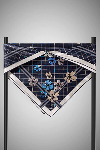 Vissona 100% Twill Silk Crispy Flower Pattern Navy Blue - Indigo Colored 90X90 Scarf Planting Shape: Hand Sewing